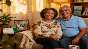 Direitos do Idoso para Aposentadoria e Benefícios - Casal de idosos brasileiros felizes em ambiente aconchegante, simbolizando segurança de aposentadoria e benefícios sociais