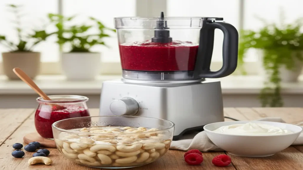 Castanhas de caju cruas de molho em uma tigela, com frutas ao lado.