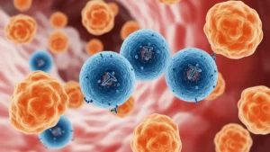 Nobel de Medicina - Ilustração artística de células T reguladoras (azul) mantendo a paz e o equilíbrio do sistema imunológico no corpo.