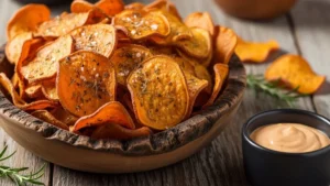 Chips de batata-doce no forno crocantes e temperados com azeite e páprica.