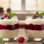 Copinhos de creme de castanha de caju com geleia de frutas vermelhas e menta.