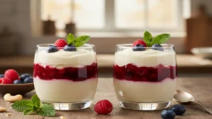 Copinhos de creme de castanha de caju com geleia de frutas vermelhas e menta.