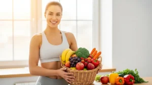 Dieta para Emagrecer Rápido e Saudável - Mulher saudável, frutas e vegetais frescos, representando dieta equilibrada para emagrecimento rápido