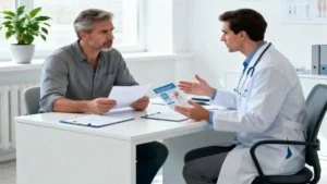 Homem e médico conversando em consultório, enfatizando a importância da prevenção do câncer de próstata.