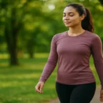 Mulher praticando meditação ao ar livre durante o pôr do sol, representando relaxamento e equilíbrio emocional.