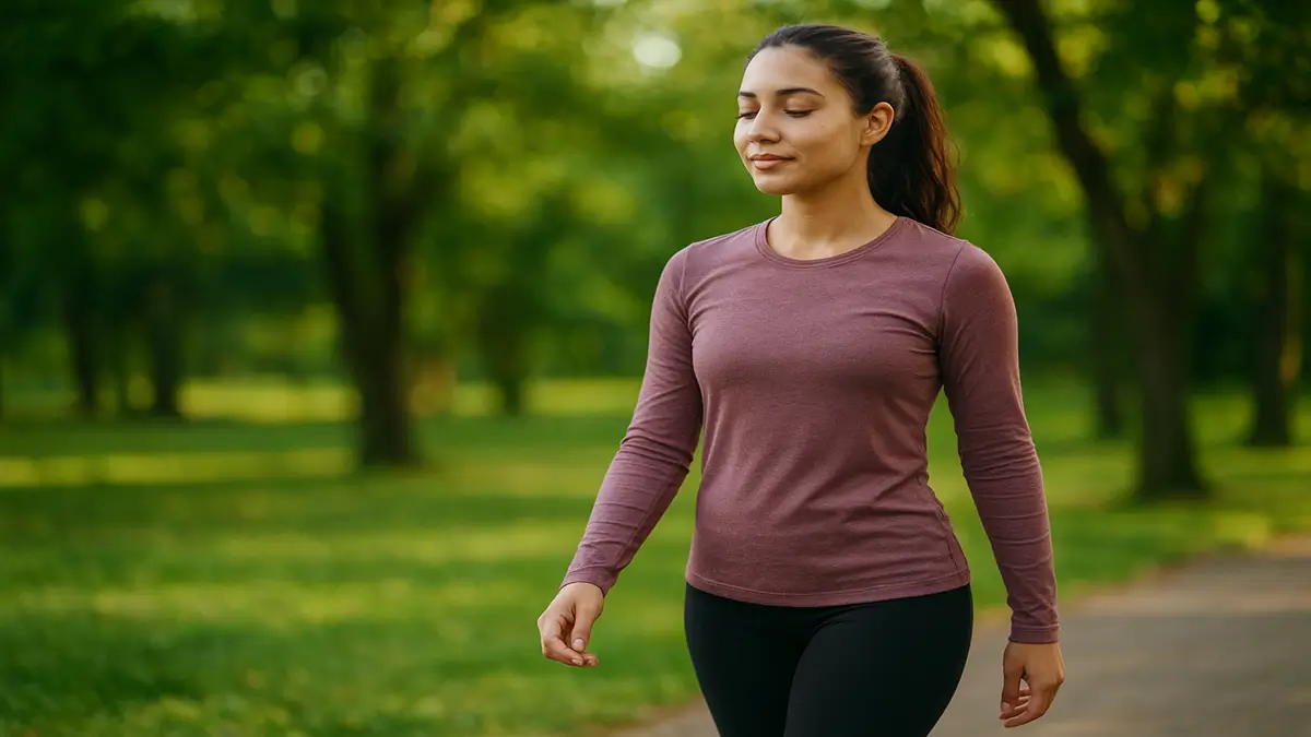 Mulher praticando meditação ao ar livre durante o pôr do sol, representando relaxamento e equilíbrio emocional.