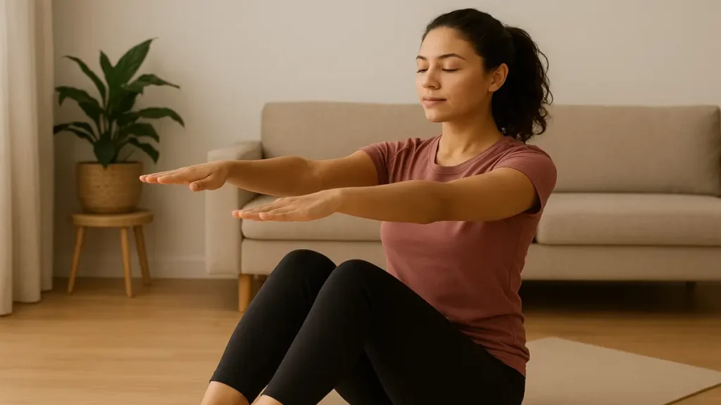 Mulher praticando exercícios leves de relaxamento em casa antes de dormir, com expressão calma.