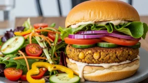 Hambúrguer vegano de grão-de-bico servido em pão integral.