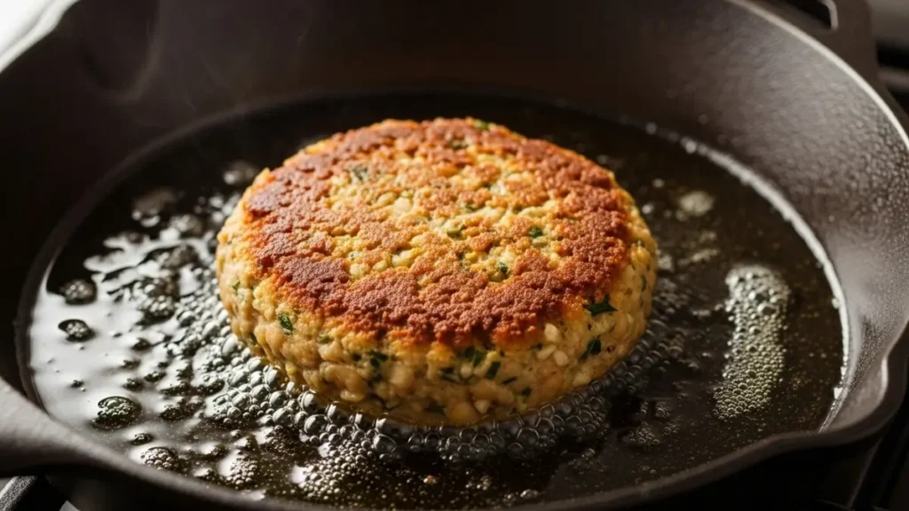 Hambúrguer vegano de grão-de-bico sendo grelhado.