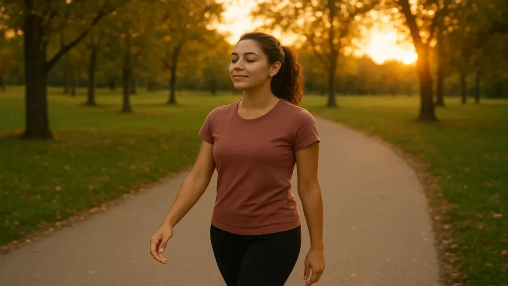 Mulher caminhando ao pôr do sol em um parque, simbolizando equilíbrio físico e mental após boas noites de sono.