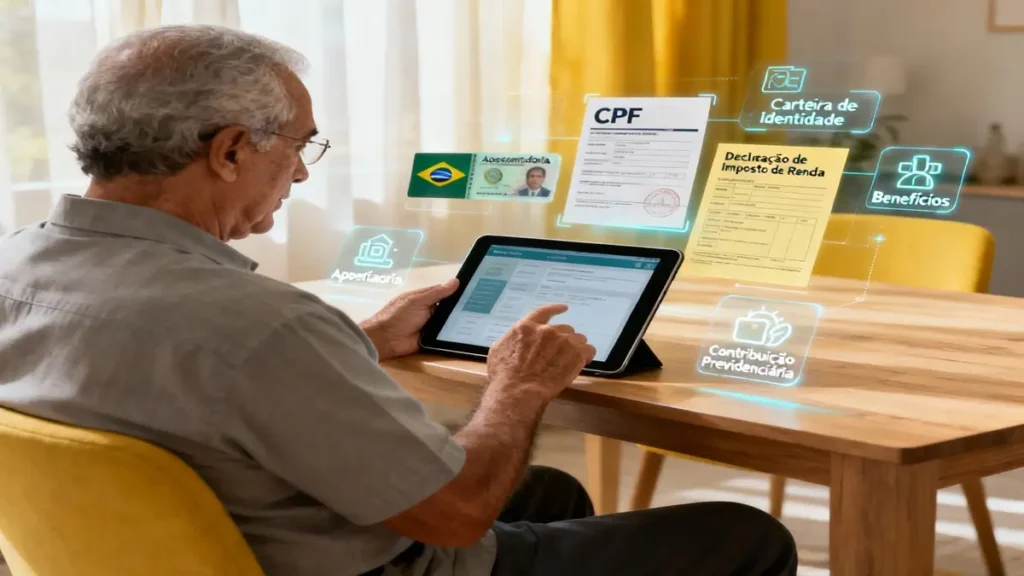 Idoso brasileiro sentado em ambiente acolhedor usando tablet para acessar informações sobre aposentadoria e benefícios sociais