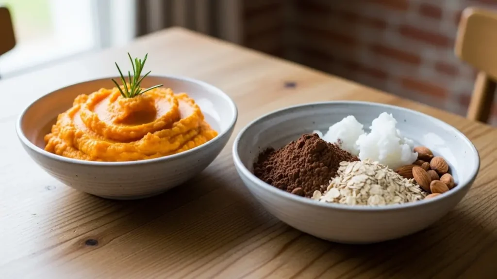 Brownie fit de batata doce e chocolate cozida e amassada em tigela, cacau em pó e ingredientes de brownie.