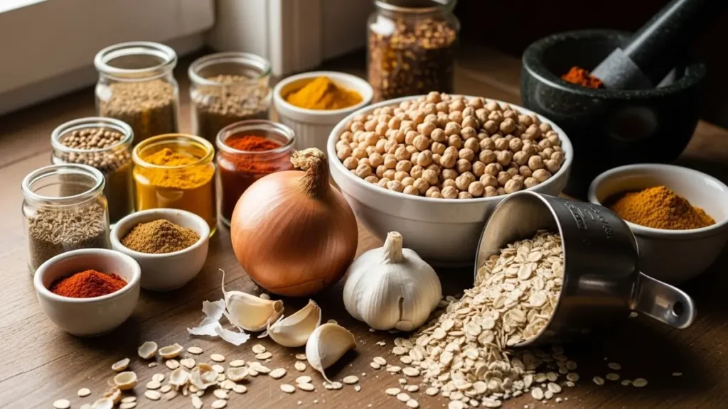 Ingredientes para hambúrguer de grão-de-bico.