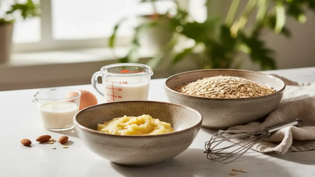 Panqueca de Banana e Aveia - Ingredientes crus para panqueca: banana amassada, aveia e leite em tigelas.