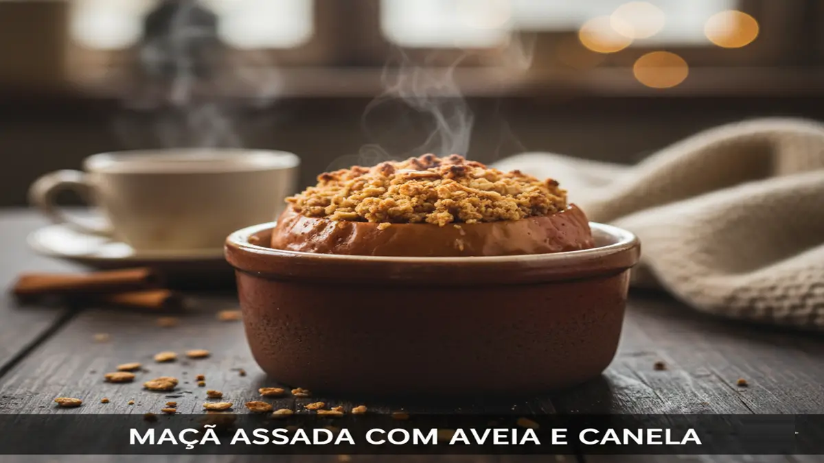 Maçã assada quente com aveia e canela em um ramekin, com vapor suave.
