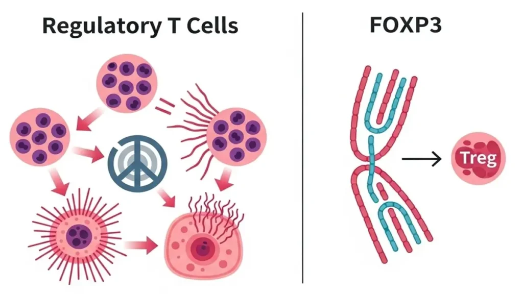 Infográfico explicando como as células T reguladoras e o gene FOXP3 previnem doenças autoimunes.