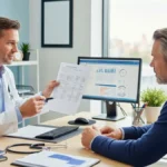 Alerta de Saúde Renal Masculina - Médico analisa exame de sangue de paciente masculino.