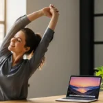 Mulher realizando um exercício leve em casa, simbolizando foco mental e equilíbrio físico.