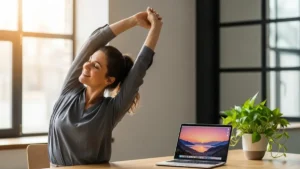 Mulher realizando um exercício leve em casa, simbolizando foco mental e equilíbrio físico.
