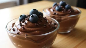 Mousse Cremosa de Abacate e Cacau - Duas taças de mousse cremosa de abacate e cacau com nibs e frutas vermelhas.