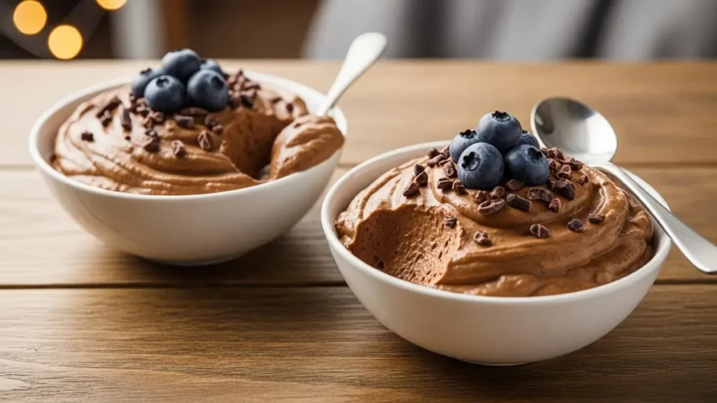 Mousse de Abacate e Cacau - Duas taças de mousse cremosa de abacate e cacau com nibs e frutas vermelhas.