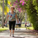 Mulher idosa brasileira caminhando ao ar livre para saúde e qualidade de vida após 60 anos