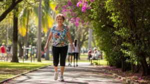 Mulher idosa brasileira caminhando ao ar livre para saúde e qualidade de vida após 60 anos