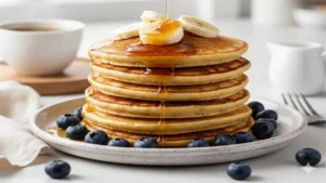 Panqueca de Banana e Aveia - Pilha de panquecas de banana e aveia com fatias de banana e xarope.