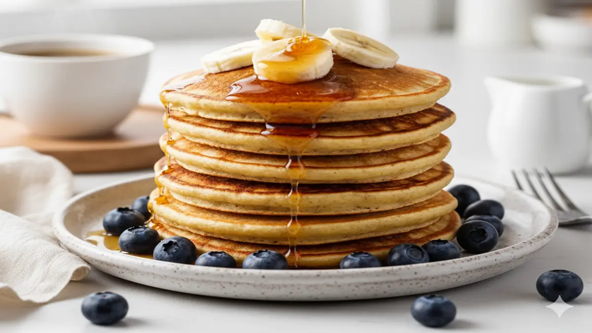 Panqueca de Banana e Aveia - Pilha de panquecas de banana e aveia com fatias de banana e xarope.