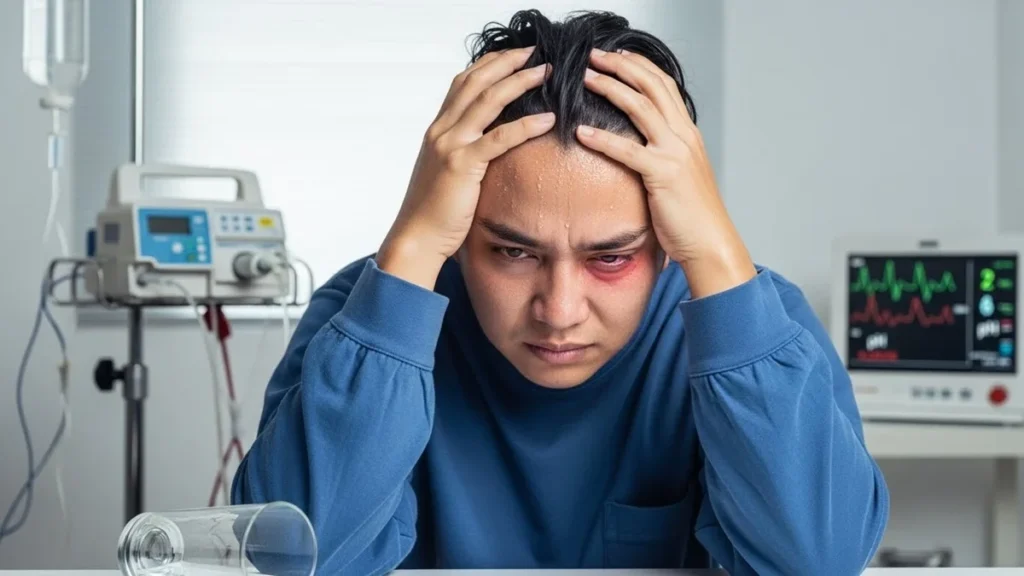 Pessoa com os sintomas mais comuns da intoxicação por metanol, como náuseas, dor de cabeça, alterações visuais e acidose — sinais que exigem atendimento médico urgente.