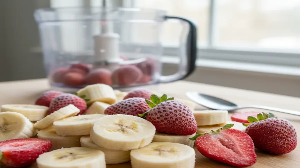 Rodelas de banana e morangos congelados em uma assadeira.