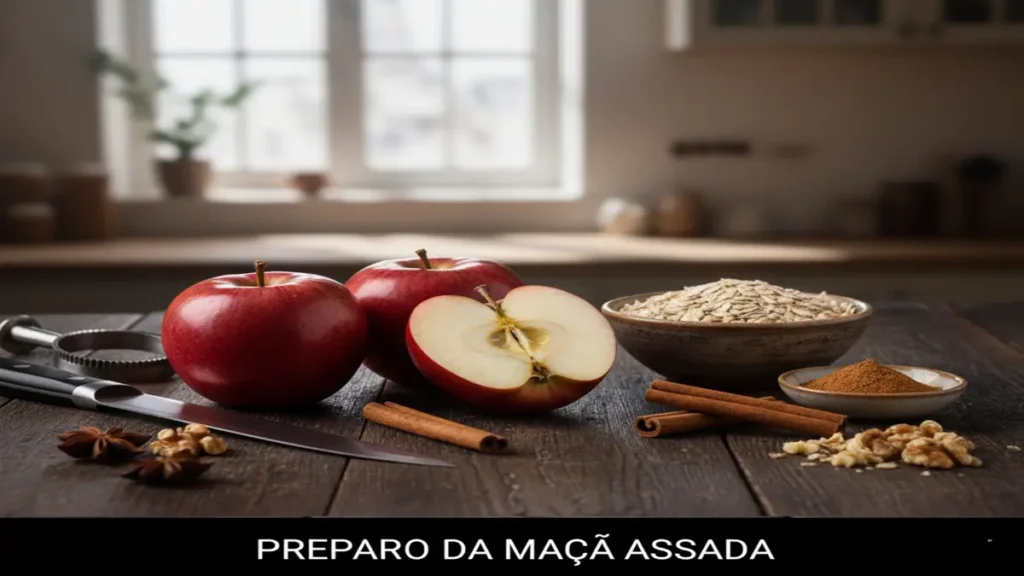 Maçã Assada e cortadas com canela e aveia na mesa.