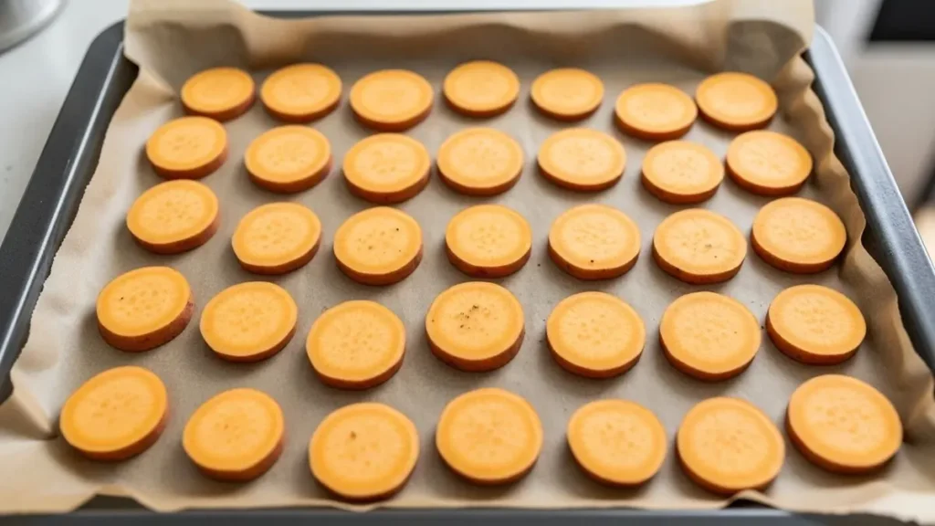 Fatias finas de batata-doce crua dispostas em uma única camada na assadeira.