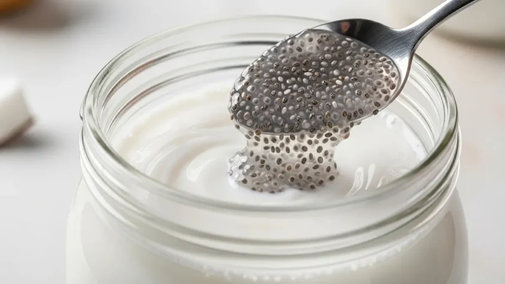 Pote de pudim de chia com camadas de frutas vermelhas e leite de coco.