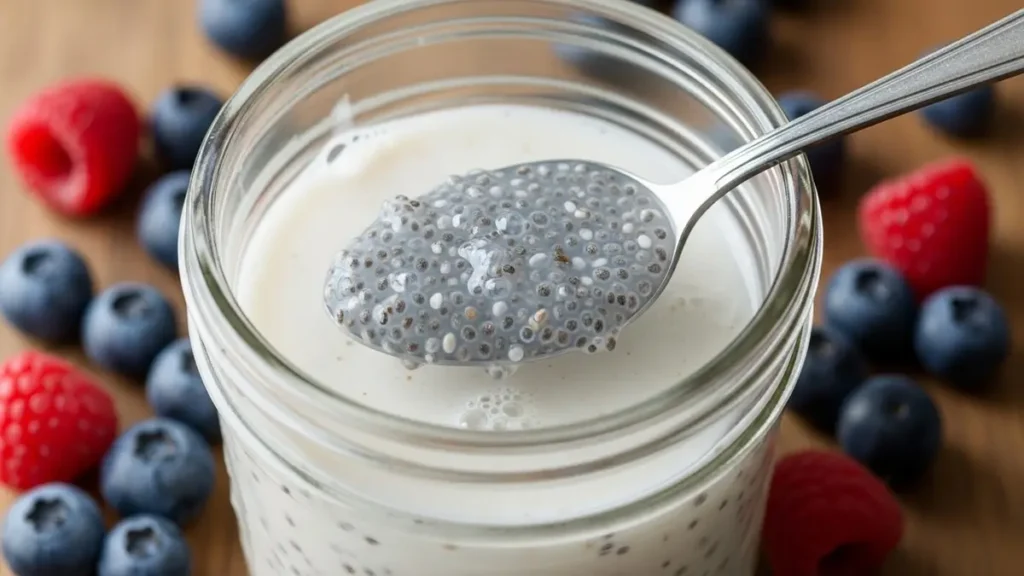 Sementes de chia sendo misturadas com leite de coco em um pote.