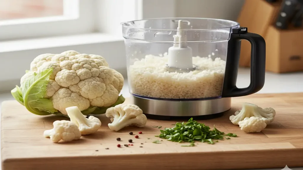 Arroz de Couve-flor - Couve-flor picada em um processador de alimentos, com floretes ao lado.