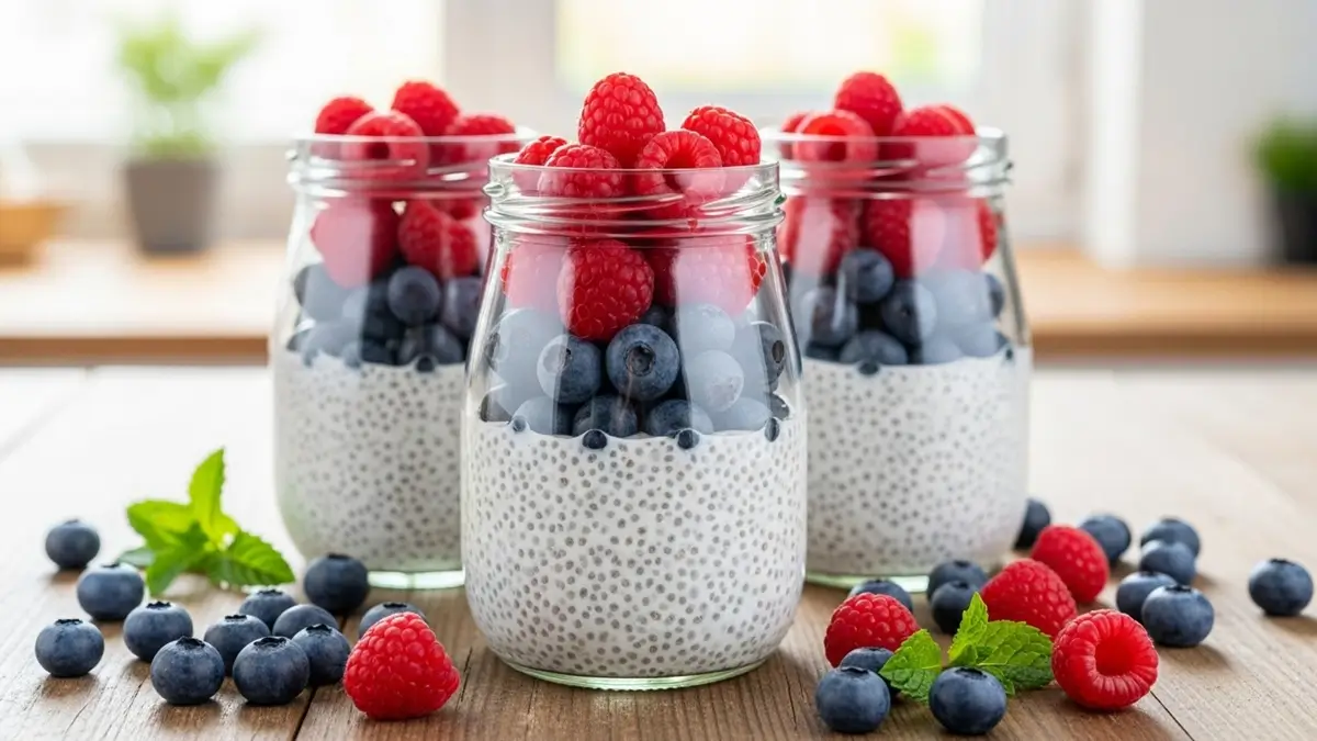 Potes de pudim de chia com camadas de frutas vermelhas e leite de coco.