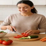 Reeducação Alimentar - Mulher sorrindo preparando refeição saudável colorida em cozinha iluminada.