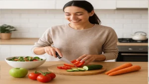 Reeducação Alimentar - Mulher sorrindo preparando refeição saudável colorida em cozinha iluminada.