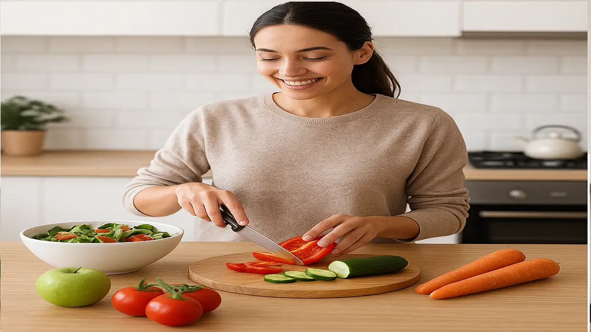 Reeducação Alimentar - Mulher sorrindo preparando refeição saudável colorida em cozinha iluminada.