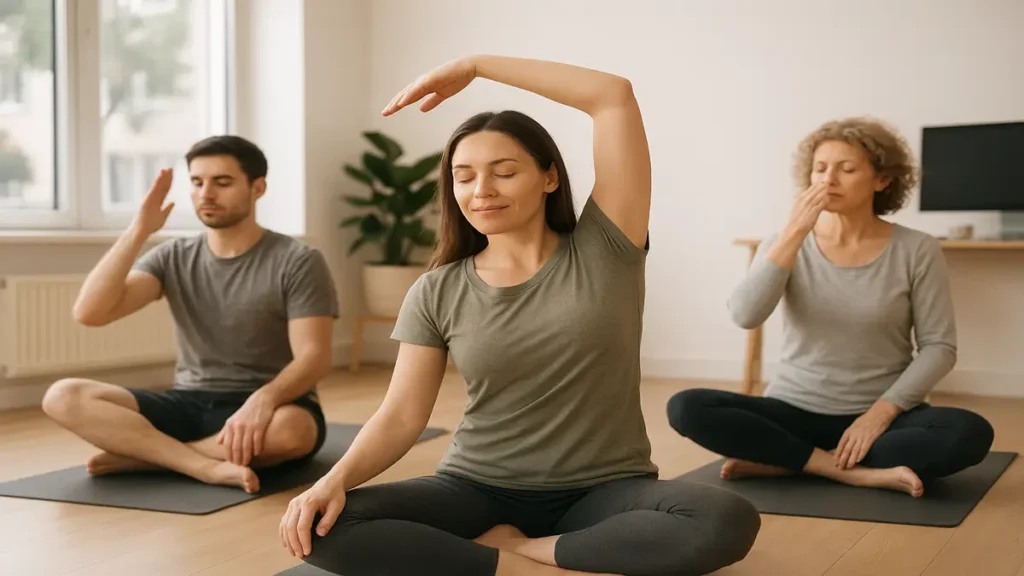 Microexercícios e Neurofitness - Grupo de pessoas praticando respiração e alongamento consciente em ambiente iluminado.