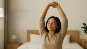 Mulher relaxando na cama ao amanhecer, simbolizando um sono restaurador e energia renovada.