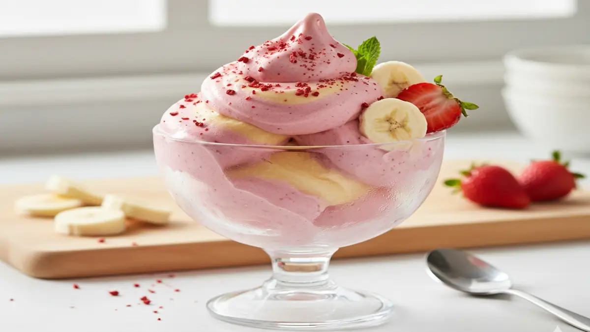 Sorvete saudável cremoso de banana e morango em taça, com frutas frescas.