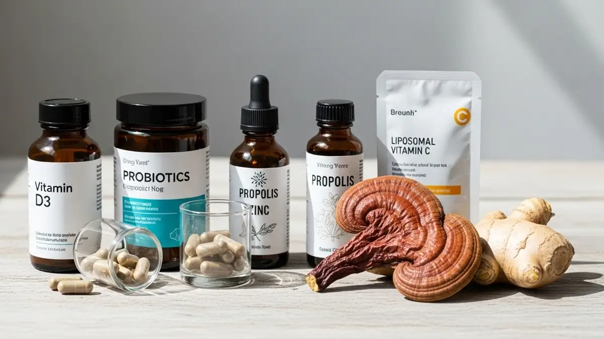 Suplementos naturais para imunidade dispostos em superfície de madeira com letras de vitamina D, zinco e própolis visíveis