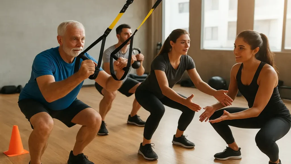 Treino funcional - Instrutor orientando grupo durante treino funcional em academia.