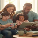 Autismo e Equilíbrio Familiar - Família no espectro autista sentados juntos em casa, lendo um livro com carinho, simbolizando o apoio familiar e a conexão.