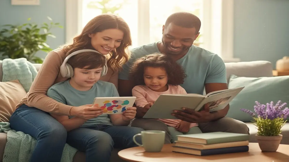 Autismo e Equilíbrio Familiar - Família no espectro autista sentados juntos em casa, lendo um livro com carinho, simbolizando o apoio familiar e a conexão.