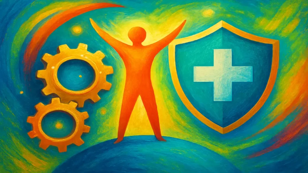 Ilustração de engrenagens em perfeito funcionamento com um escudo, simbolizando a proteção da saúde contra doenças degenerativas.