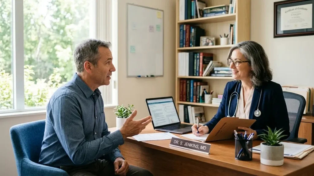 Excesso de Testes de PSA: 4 Informações que Todo Homem Precisa Saber 1 Homem conversando com médico sobre o Testes de PSA para câncer de próstata