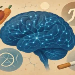 Saúde e Equilíbrio - Diagrama visual que ilustra a interação de fatores genéticos, estilo de vida e envelhecimento nas doenças degenerativas.